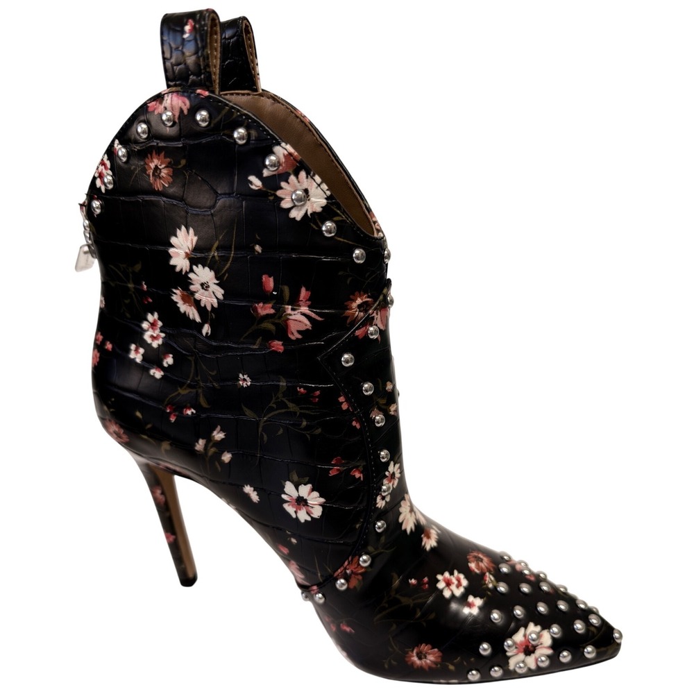 Jessica Simpson Black Floral Croc Studded Pointed Toe Stiletto Ankle Boots 7.5M - Picture 4 of 11